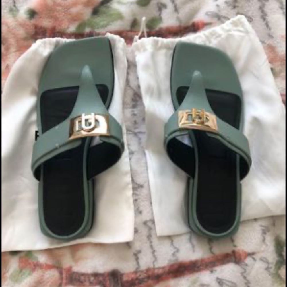 Authentic Furla, sage green sandals. Made in Italy. Leather. Gold hardware.